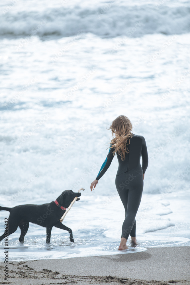a young woman wearing a wetsuit playing with her dog on the seashore before swim a young woman wearing a wetsuit playing with her dog on the seashore before swim