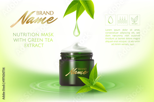 Advertising poster for cosmetic product for catalog, magazine. Vector design of cosmetic package.Moisturizing cream, gel, body lotion with green tea extract .