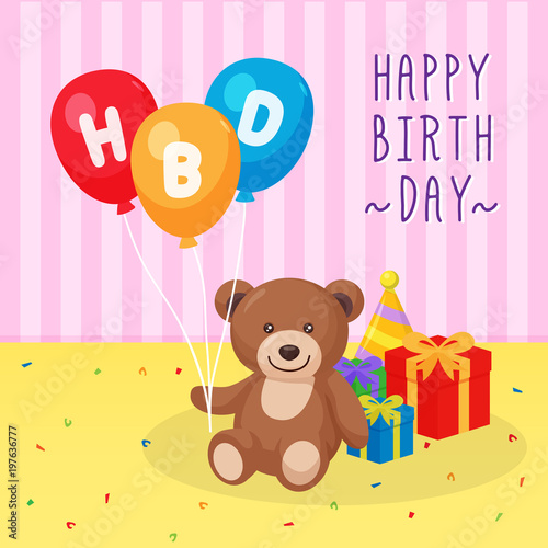 Bear Doll holding Happy Birthday Balloon beside the Gift Box in Party. © mnaufal design