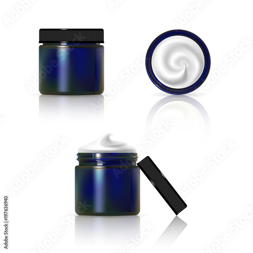 Cream jar isolated on white background. Skin care product package. Color glass jar