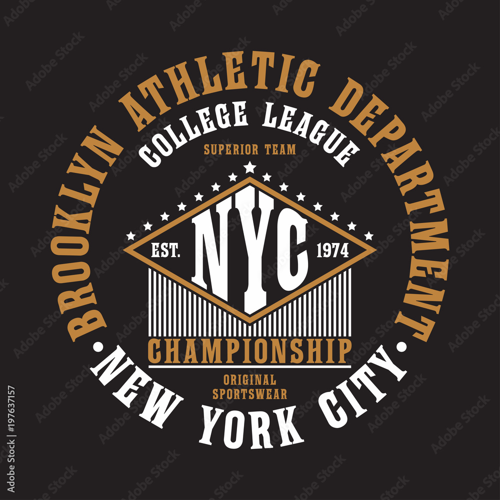 New York City, Brooklyn typography for t-shirt. Original sportswear print.  Athletic apparel typography. NYC graphic for design clothes. Vector  illustration. Stock Vector | Adobe Stock