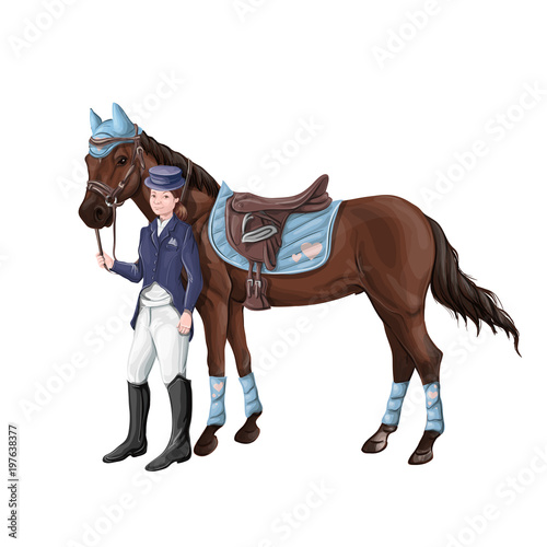 Horse and rider girl woman in ammunition for jumping - saddle, cap, bridle, halter, wagtrap, stamping, boots, cylinder, helmet, jacket.