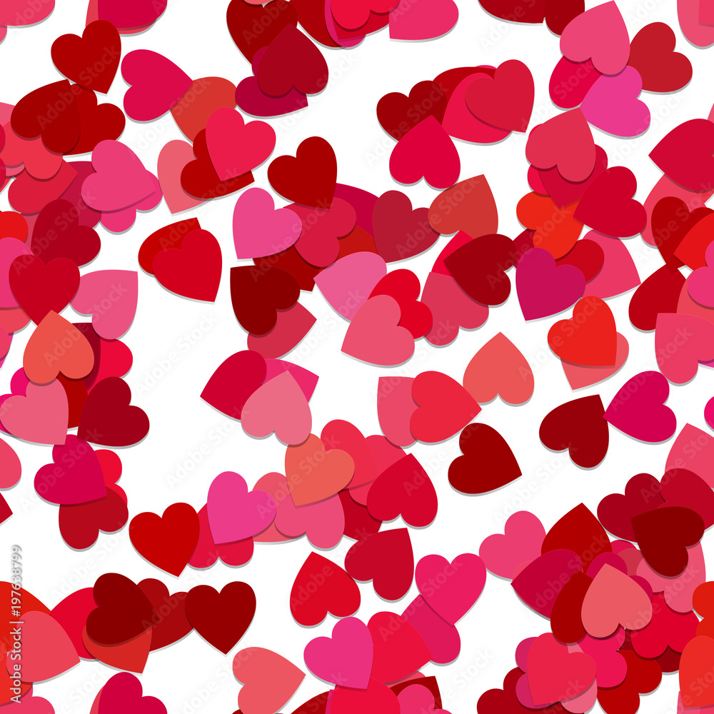 Seamless abstract random heart pattern background - vector graphic from rotated red hearts with shadow effect