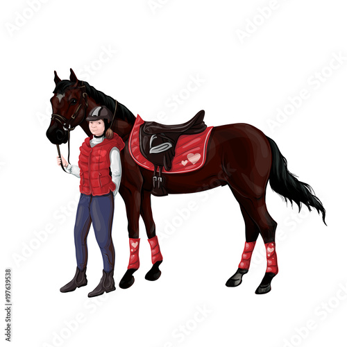 Horse and rider girl woman in ammunition for jumping - saddle, cap, bridle, halter, wagtrap, stamping, boots, cylinder, helmet, jacket.