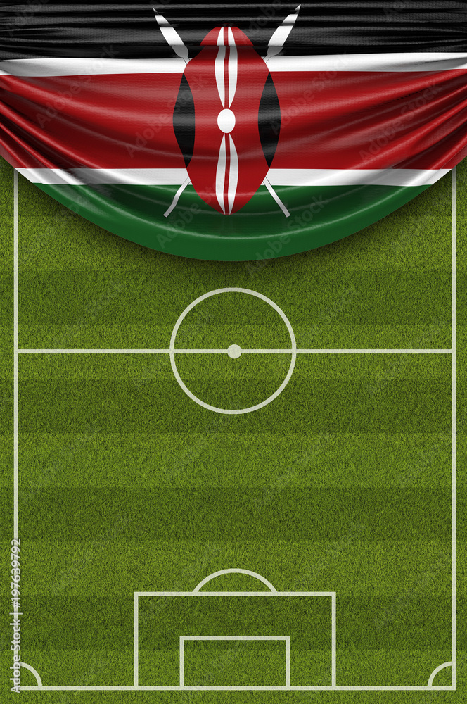 Fototapeta premium Kenya country flag draped over a football soccer pitch. 3D Rendering