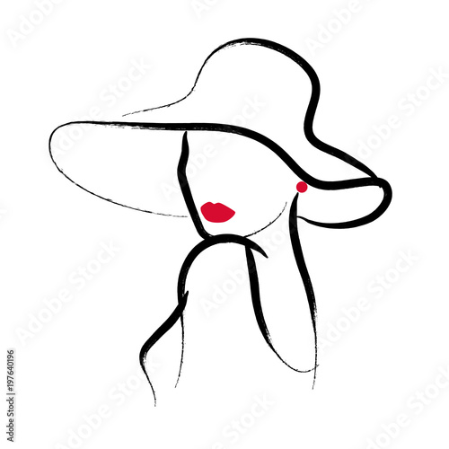 Vector artistic hand drawn stylish young lady portrait isolated on white background. Fashion girl model icon. Woman in hat. Beauty illustration, logo design. Fashion poster, placard, banner.