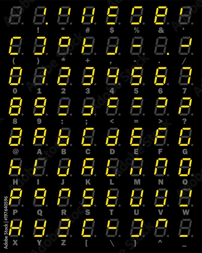 Yellow LED Digital number and alphabet symbol set of seven segment type on black background for graphic idea design concept