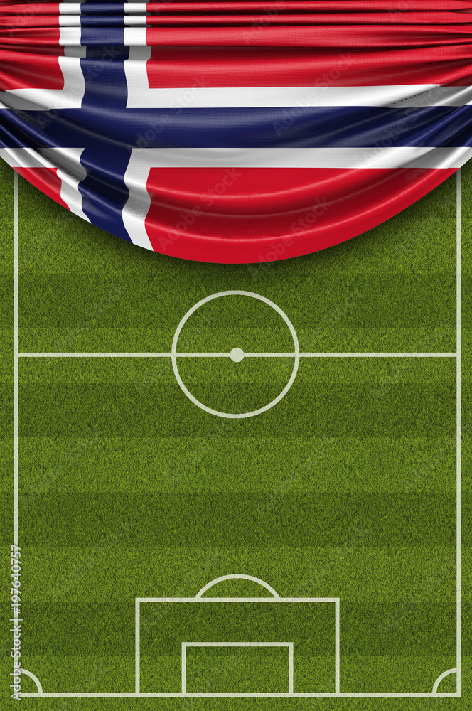 Fototapeta premium Norway country flag draped over a football soccer pitch. 3D Rendering