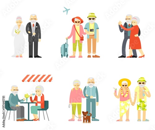 Set of senior man and woman characters in flat style isolated on white background. Old people in different poses, gestures, actions and situations. Healthy and active lifestyle for elderly.