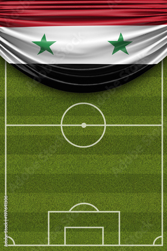 Syria country flag draped over a football soccer pitch. 3D Rendering