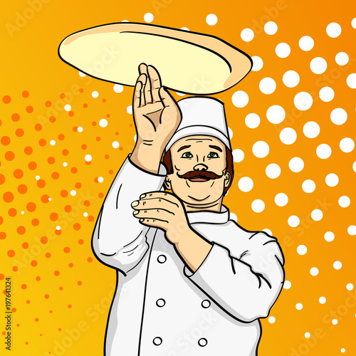Pop art man cook pizza. Chef tossing pizza dough. Comic book style imitation. Vintage retro style. conceptual