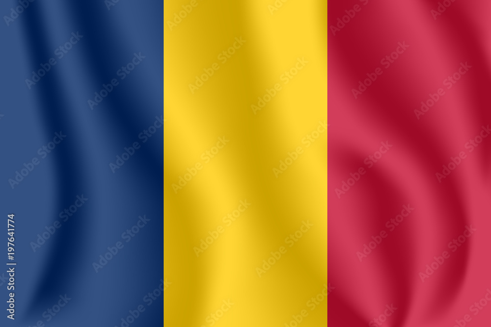 Flag of Chad. Realistic waving flag of Republic of Chad. Fabric textured flowing flag of Chad.