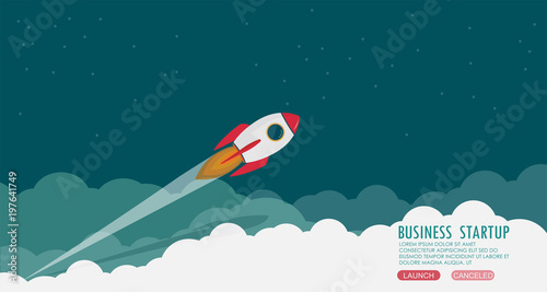 Picture of rocket flying above clouds, business startup banner concept, flat style illustration