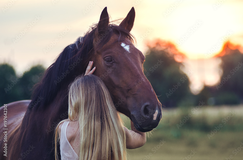 Fototapeta premium Frau umarmt Pferd