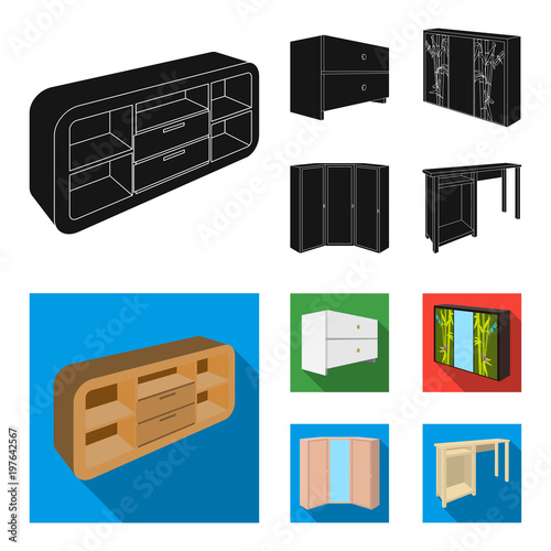 Chest of drawers, wardrobe with mirror, corner cabinet, white chest. Bedroom furniture set collection icons in black, flat style vector symbol stock illustration web.