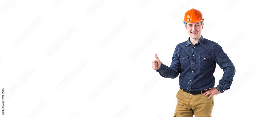 Portrait of smiling repairman (builder) in helmet gesturing okay isolated on white background. Copy space Portrait of smiling repairman (builder) in helmet gesturing okay isolated on white background. Copy space