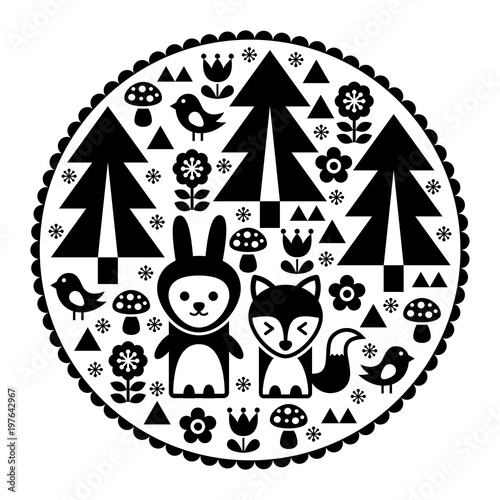 Cute Scandinavian round folk art pattern in black - Finnish inspired, Nordic style 