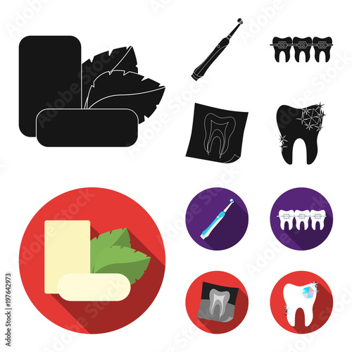 Mint chewing gum with mint leaves, toothbrush with bristles, bregettes with teeth, X-ray of the tooth. Dental care set collection icons in black, flat style vector symbol stock illustration web.