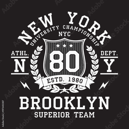 New York, Brooklyn typography for t-shirt. Original design of athletic apparel. Graphic for sport tee shirt. Clothes print. Vector illustration.