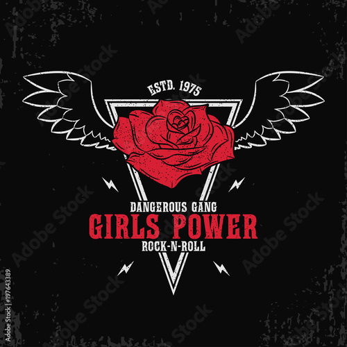 Rock and roll, girls power - grunge typography for t-shirt, women clothes. Fashion print for female apparel with rose and wings. Vector illustration.
