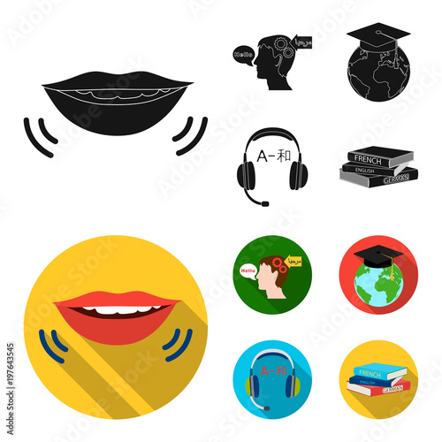 The mouth of the person speaking, the person head translating the text, the globe with the master cap, the headphones with the translation. Interpreter and translator set collection icons in black