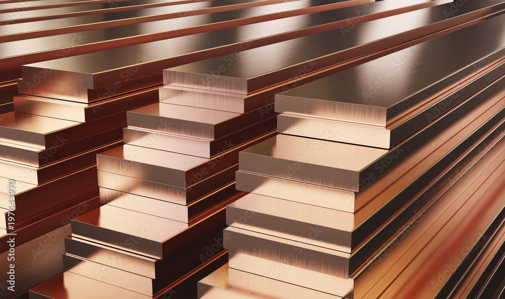 Many copper sheets, warehouse copper plates. 3d illustration. Stock Photo