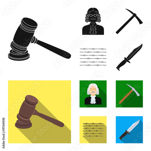 Judge, wooden hammer, barbed wire, pickaxe. Prison set collection icons in black, flat style vector symbol stock illustration web.