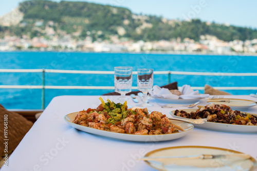 lunch about to be served aboard a yacht outside of zakynthos