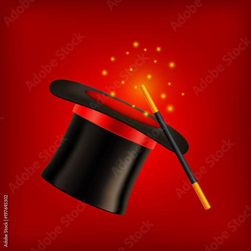 Realistic vector magic hat with magic wand with red background.vector illustration