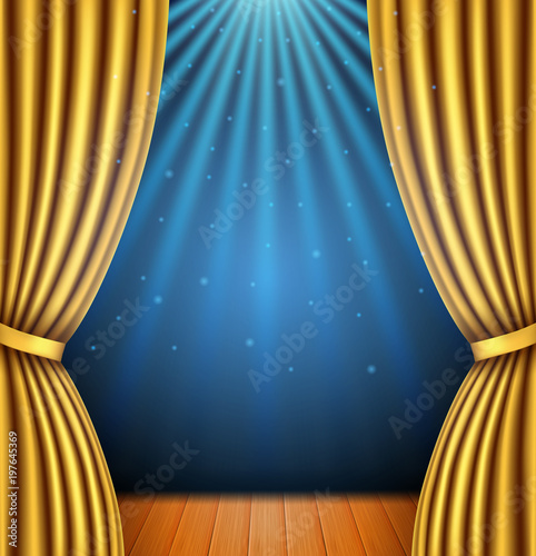 Background with a gold curtain and a spotlight. vector illustration