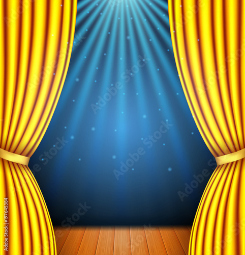Background with a yellow curtain and a spotlight. vector illustration