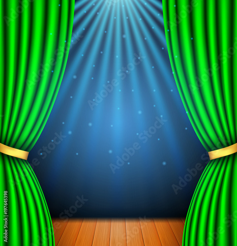 Background with a green curtain and a spotlight. vector illustration
