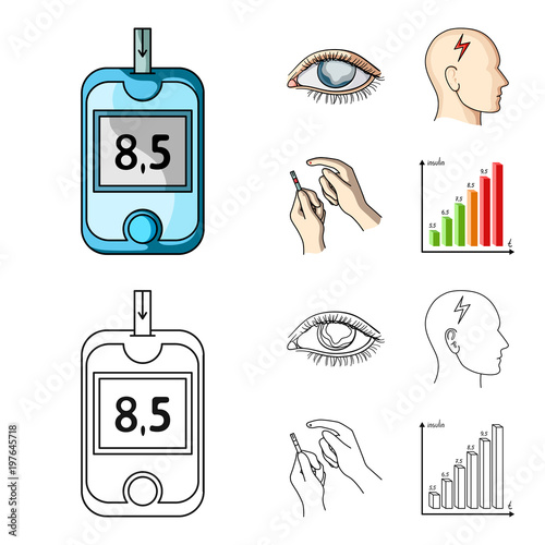 Poor vision, headache, glucose test, insulin dependence. Diabetic set collection icons in cartoon,outline style vector symbol stock illustration web.