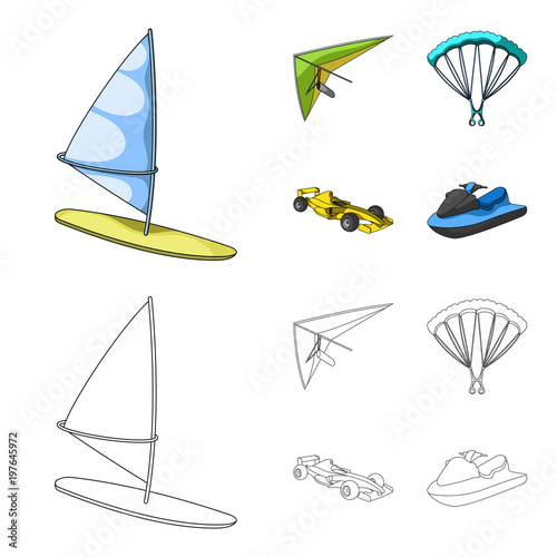 Hang glider, parachute, racing car, water scooter.Extreme sport set collection icons in cartoon,outline style vector symbol stock illustration web.