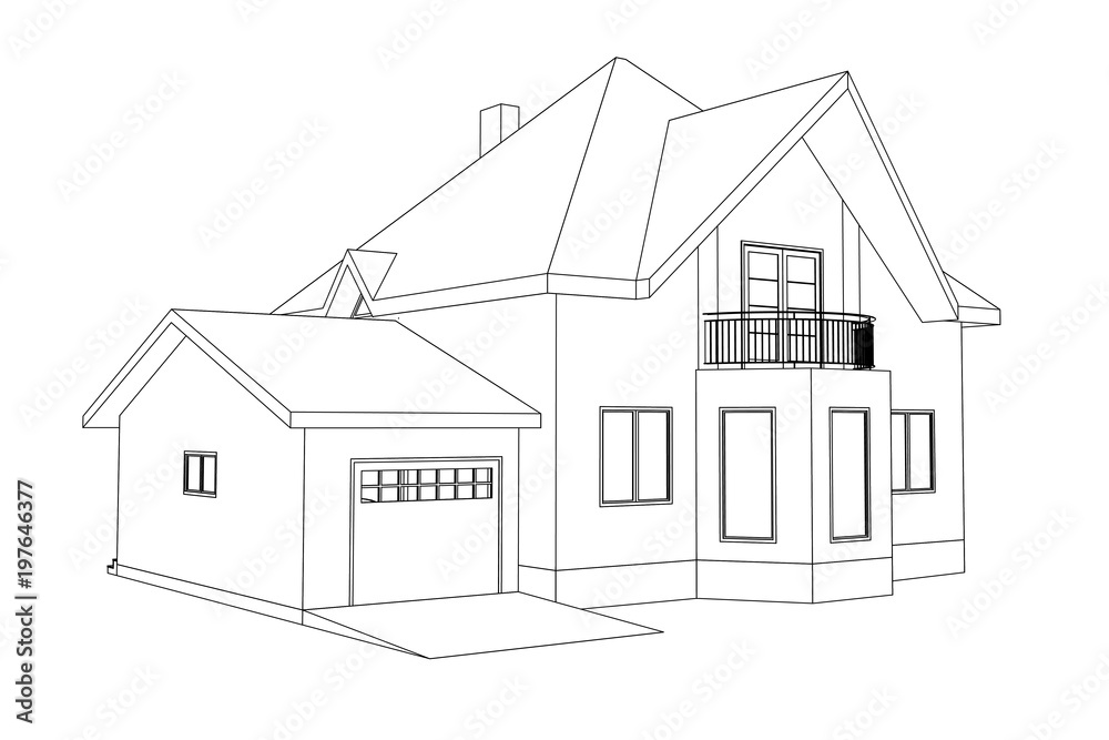 3D suburban house model. Drawing of the modern building. Cottage project on white background. Vector contour blueprint.