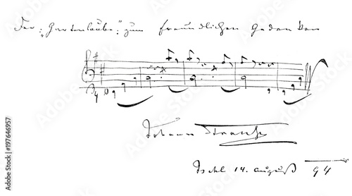 Canvastavla Widmung von Johann Strauß mit Noten und Unterschrift