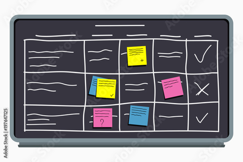 Planning board with sticky notes. Task board with table scheme and office schedule. Vector.