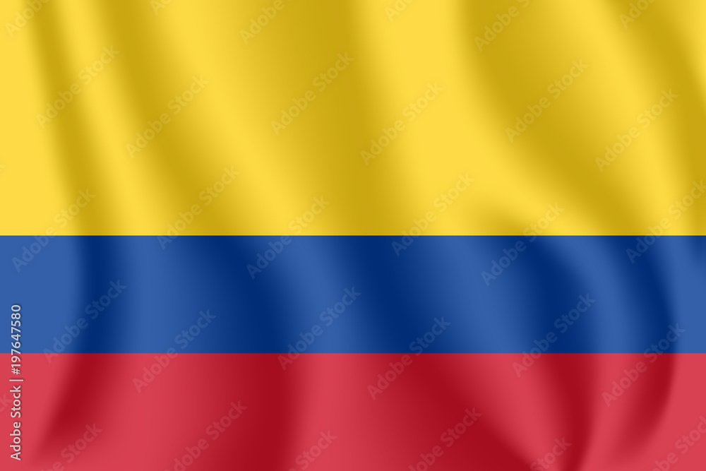 Fototapeta premium Flag of Colombia. Realistic waving flag of Republic of Colombia. Fabric textured flowing flag of Colombia.