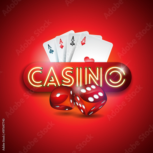 Vector illustration on a casino theme with shiny neon light letter and poker cards on red background. Gambling design for invitation or promo banner with dice.