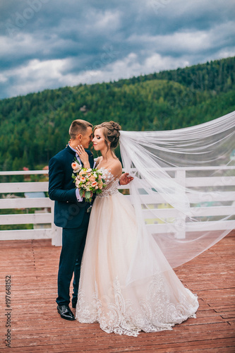 bride and groom in carpathians, mountains, beautiful nature, landscape, scenery. Newlyweds at mountain terrace. Windy veil. Tender picture. photo