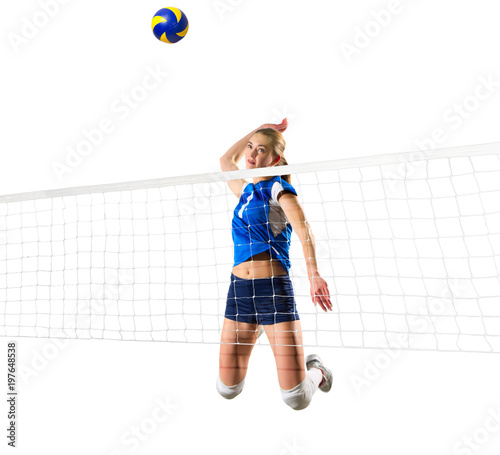 Woman volleyball player isolated (version with net and ball)
