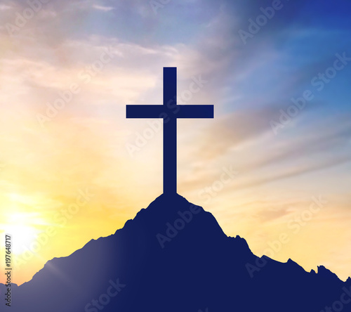 Fotografiet crucifixion, religion and christianity concept - silhouette of cross on calvary