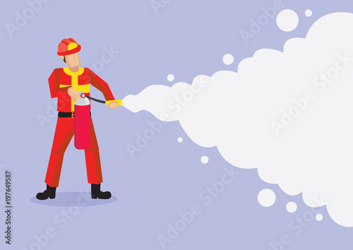 Firefighter Spraying Firefighting Foam Vector Cartoon Illustration
