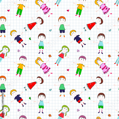 Kids seamless pattern. Hand draw seamless background with cheerful children.