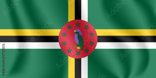 Flag of Dominica. Realistic waving flag of Commonwealth of Dominica. Fabric textured flowing flag of Dominica. photo