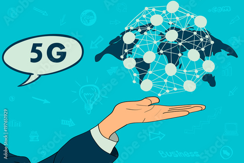 5G network wireless systems and internet of things with man touching Abstract global with wireless communication network