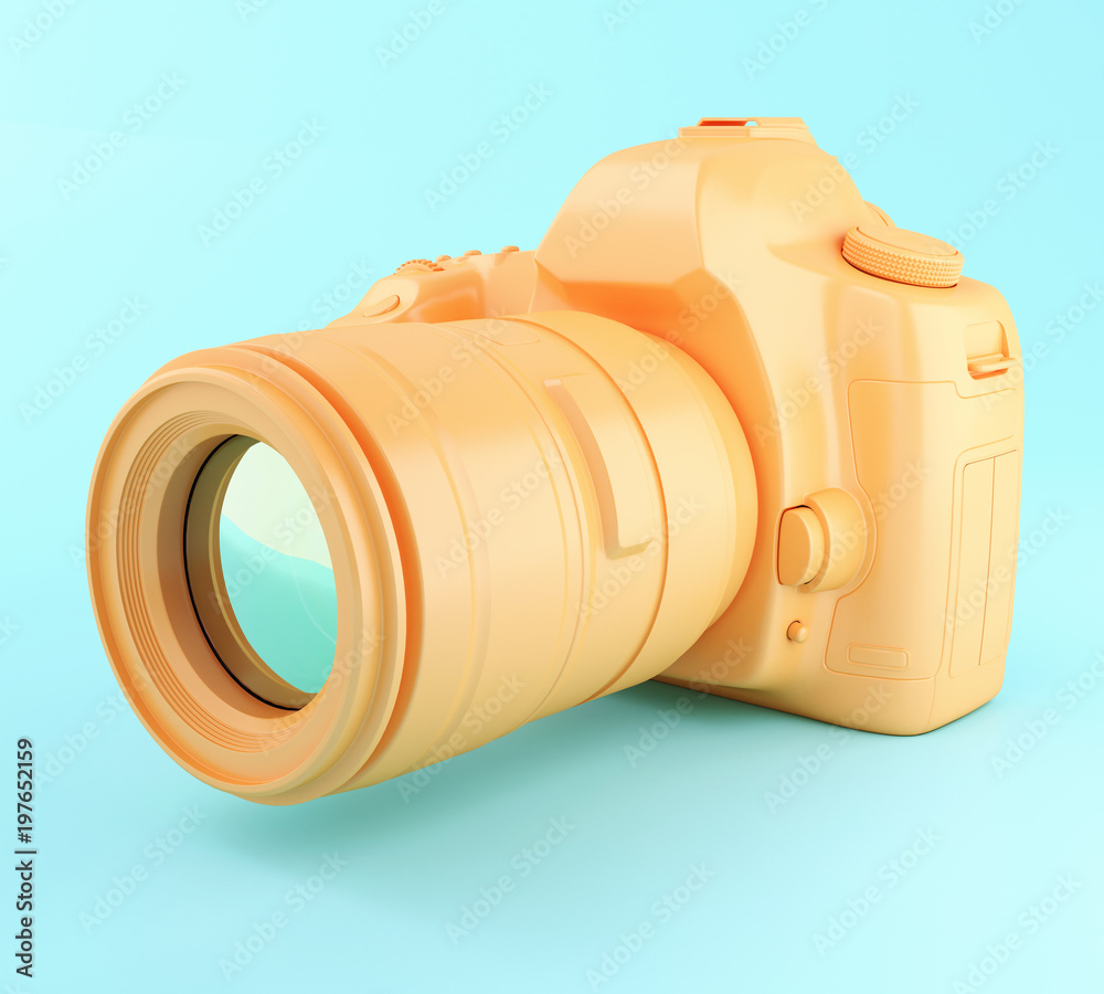 3D Digital orange photo camera. - obrazy, fototapety, plakaty 