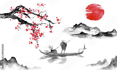 Japan traditional sumi-e painting. Indian ink illustration. Man and boat. Mountain landscape with sakura. Sunset, dusk. Japanese picture.