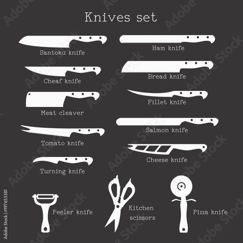 Kitchen knife set with signature names on black background.