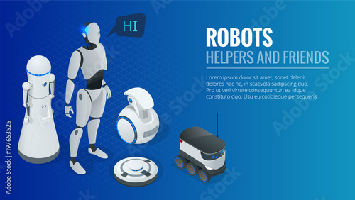 Isometric concept robot programming. Robots helpers and friends